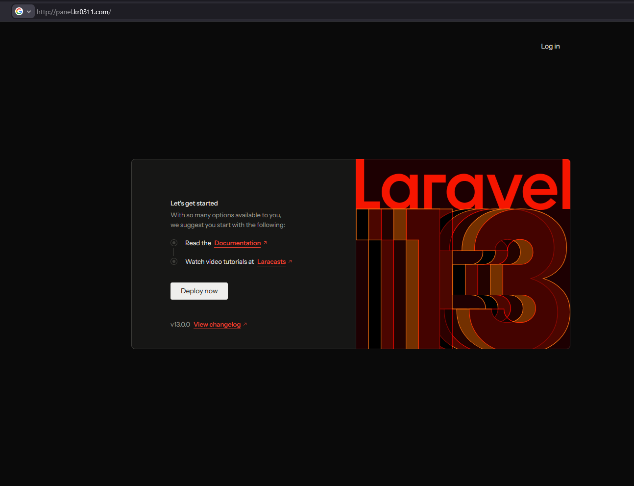 Laravel welcome page running on panel.kr0311.com during Phase 2 build