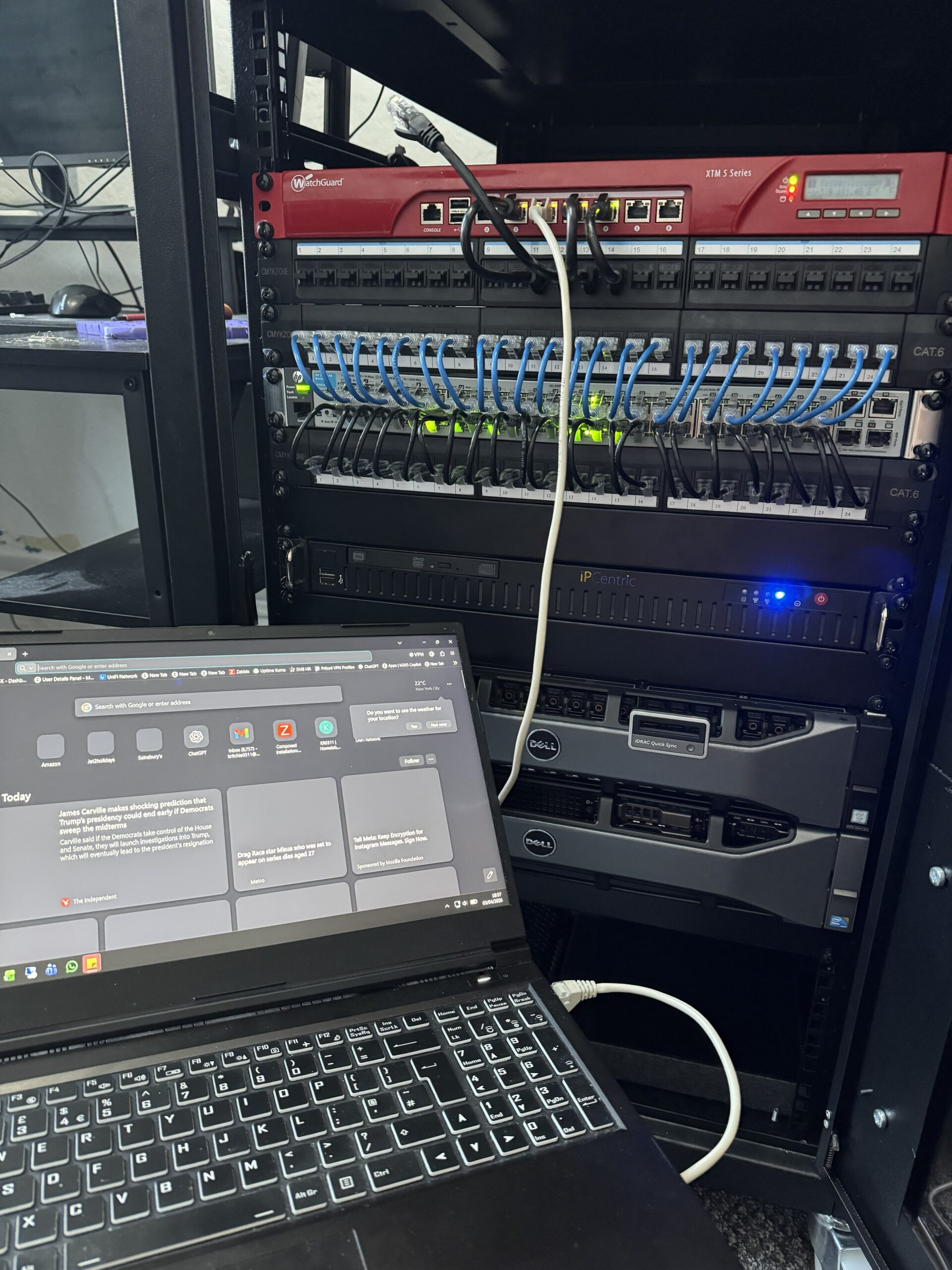 Repurposed WatchGuard XTM OPNsense firewall being configured and connected