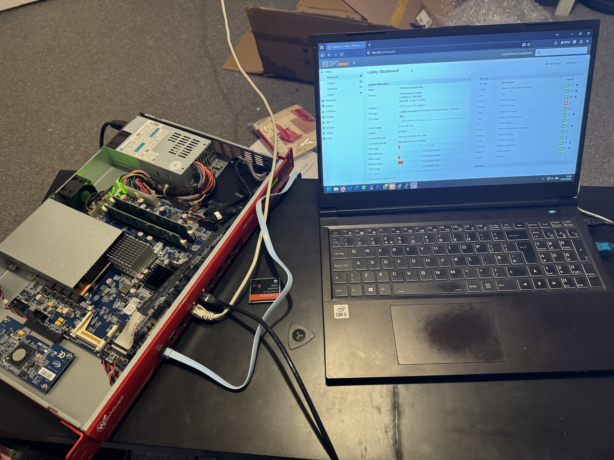 WatchGuard XTM OPNsense setup running successfully during testing